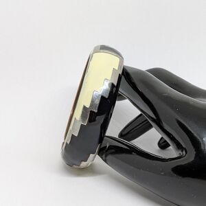 Vintage Black and Cream Hinged Bangle Bracelet Silver Tone Bohemian Boho